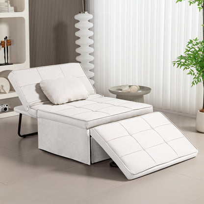 3-in-1 Relaxstoel – Pouf – Chaise Longue – Slaapstoel – Zitzak – Verstelbare Rugleuning 5-standen – Inklapbare Voetensteun – Crèmekleurige Linnenstof – Zwart Metalen Frame