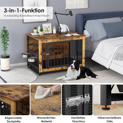 Hondenkooi – Hondenbench – Hondenhok – Hondenbox – Hondenkennel – Hout & Staal – 93x64x58 cm – Inclusief 2 Rvs Voerbakken & Verwijderbare Lade