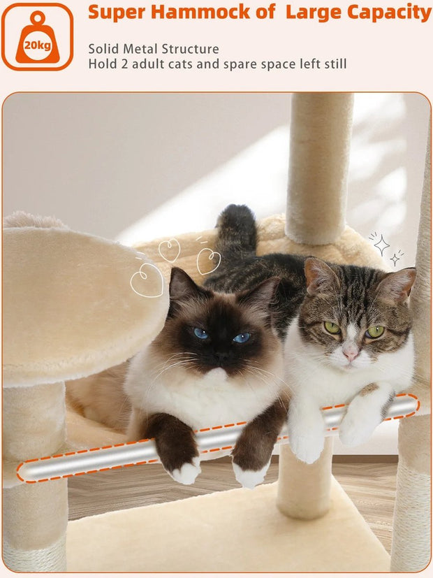 Luxe Kattenboom met Krabpaal - Kattenspeeltoestel - Kattenaccessoires - Huisdierspeelgoed - Groot - 45x55x143cm - Hout - 12,3kg - Beige