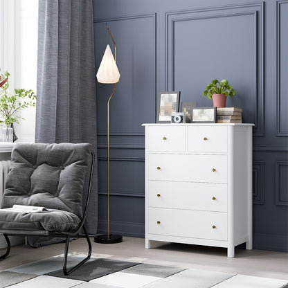 Kealive Modern White 5-Drawer Tall Dresser with Rounded Legs - Freestanding Storage Cabinet with Spacious Drawers, Easy Assembly, Glossy Painted Finish, Space-Saving Design for Bedroom, Living Room, Hallway - Sturdy Modern Fu