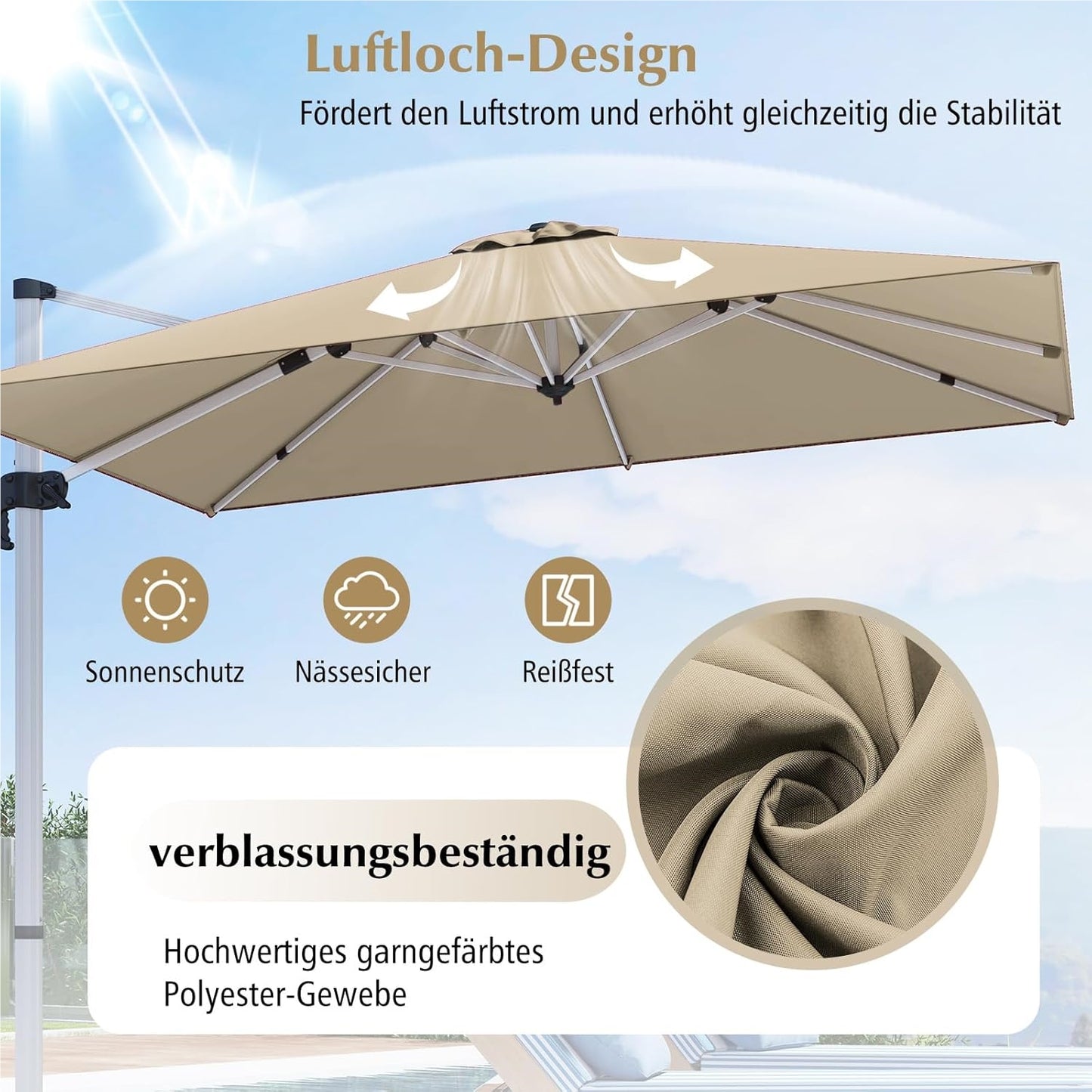 Tuinscherm Parasol – Tuintent Zonnescherm – Terrasparasol – Marktparasol – Beige – 300x300 cm Groot – 360° Draaibaar Met Slingerbediening