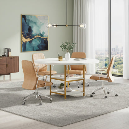 Bureau – Bureautafel – Computertafel – Werkplek – Office Desk – Wit met Gouden Accenten – Rond 120 cm – 2-laags Opbergruimte