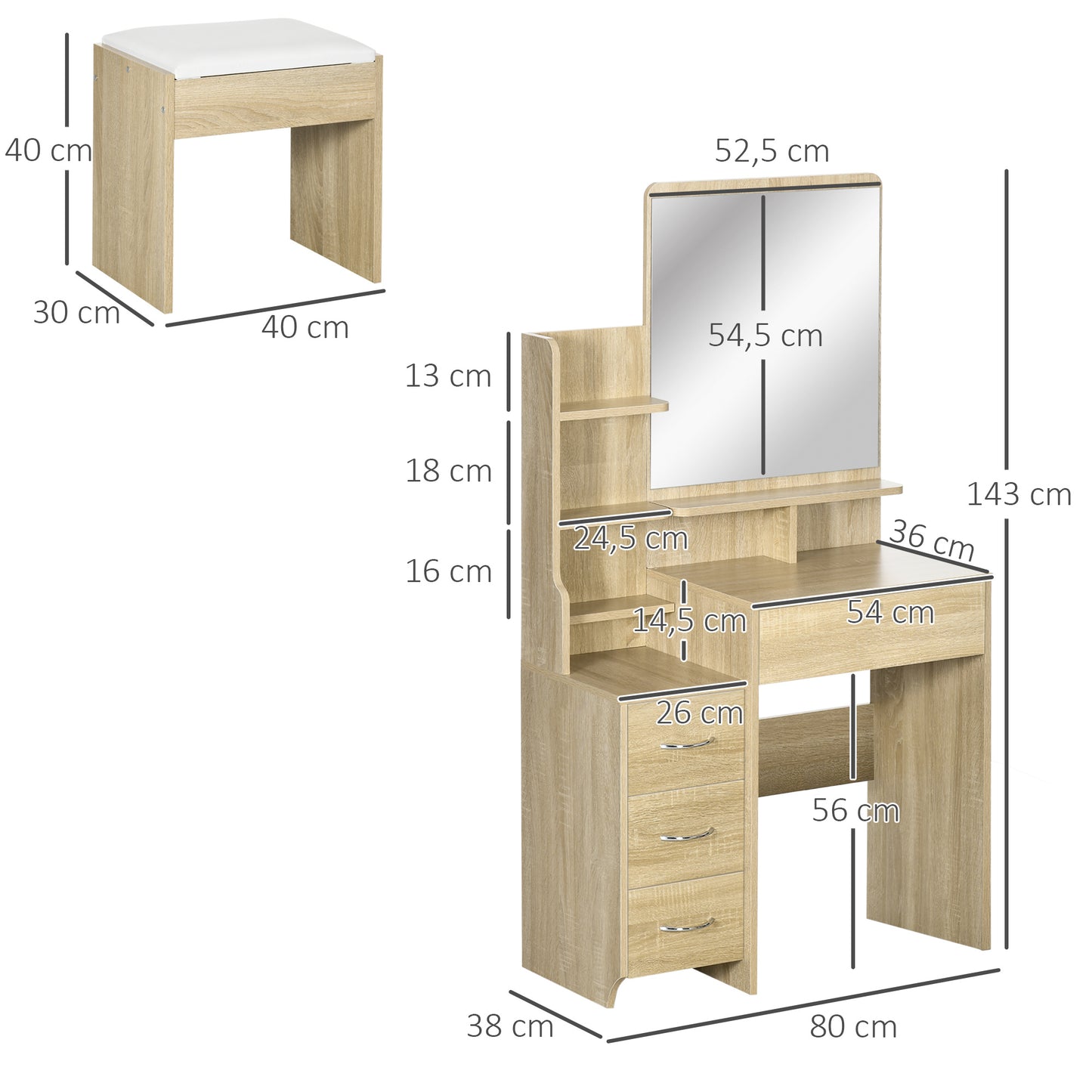 Make-uptafel – Visagietafel – Sieradentafel – Make-up Kaptafel – Natuurlijk Hout – Grote Spiegel – 4 Laden & Open Planken