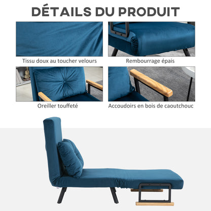 Slaapstoel – Slaapbank – Slaapfauteuil – Vouwbed – Logeerbed – Verstelbare Rugleuning 5 Standen – Fluwelen Bekleding Blauw
