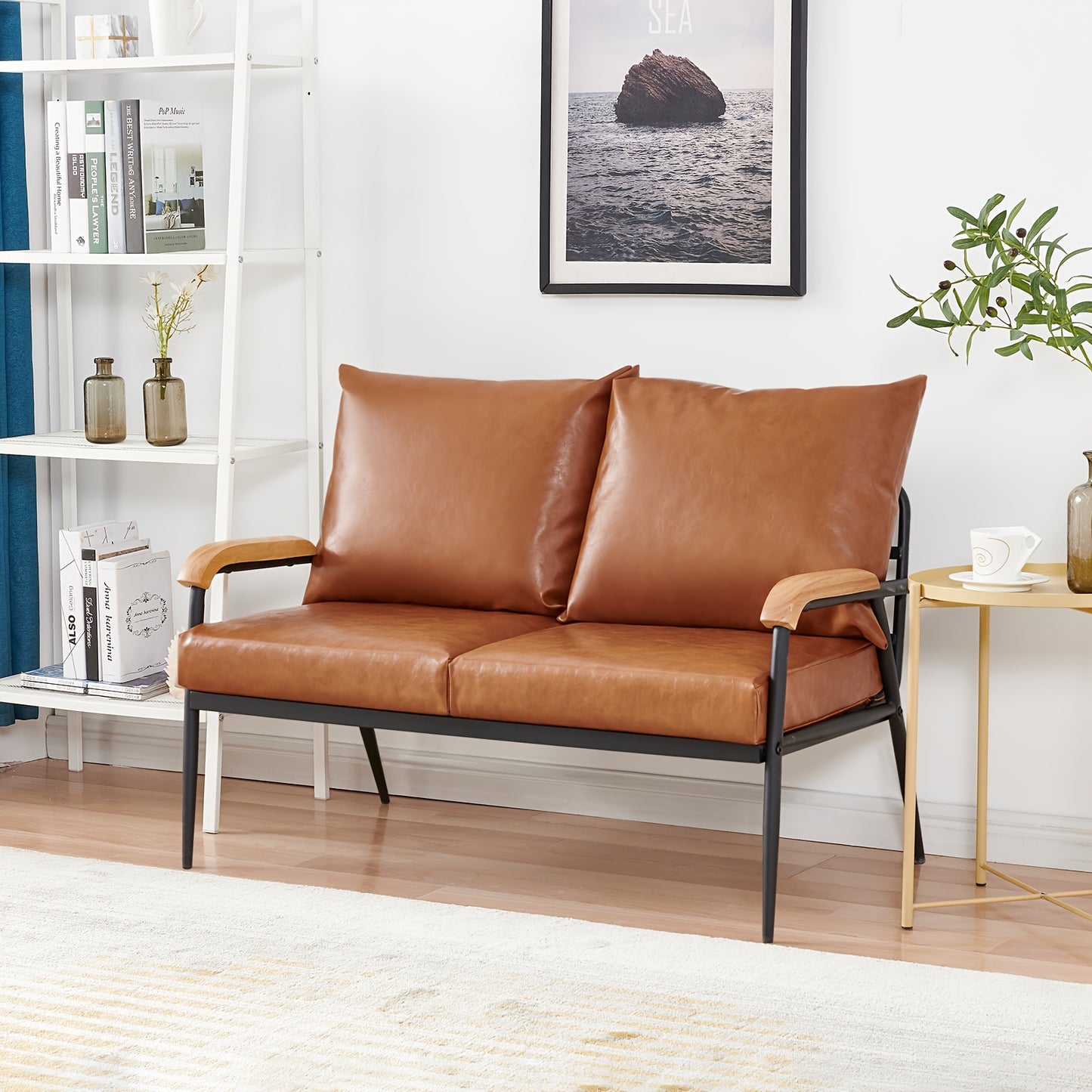 2-zits Bank – Loveseat – Loungebank – Settee – Fauteuil – PU Leren Kussen – Metalen Frame – Lichtbruin – Modern Retro – Comfortabel – Opvouwbaar