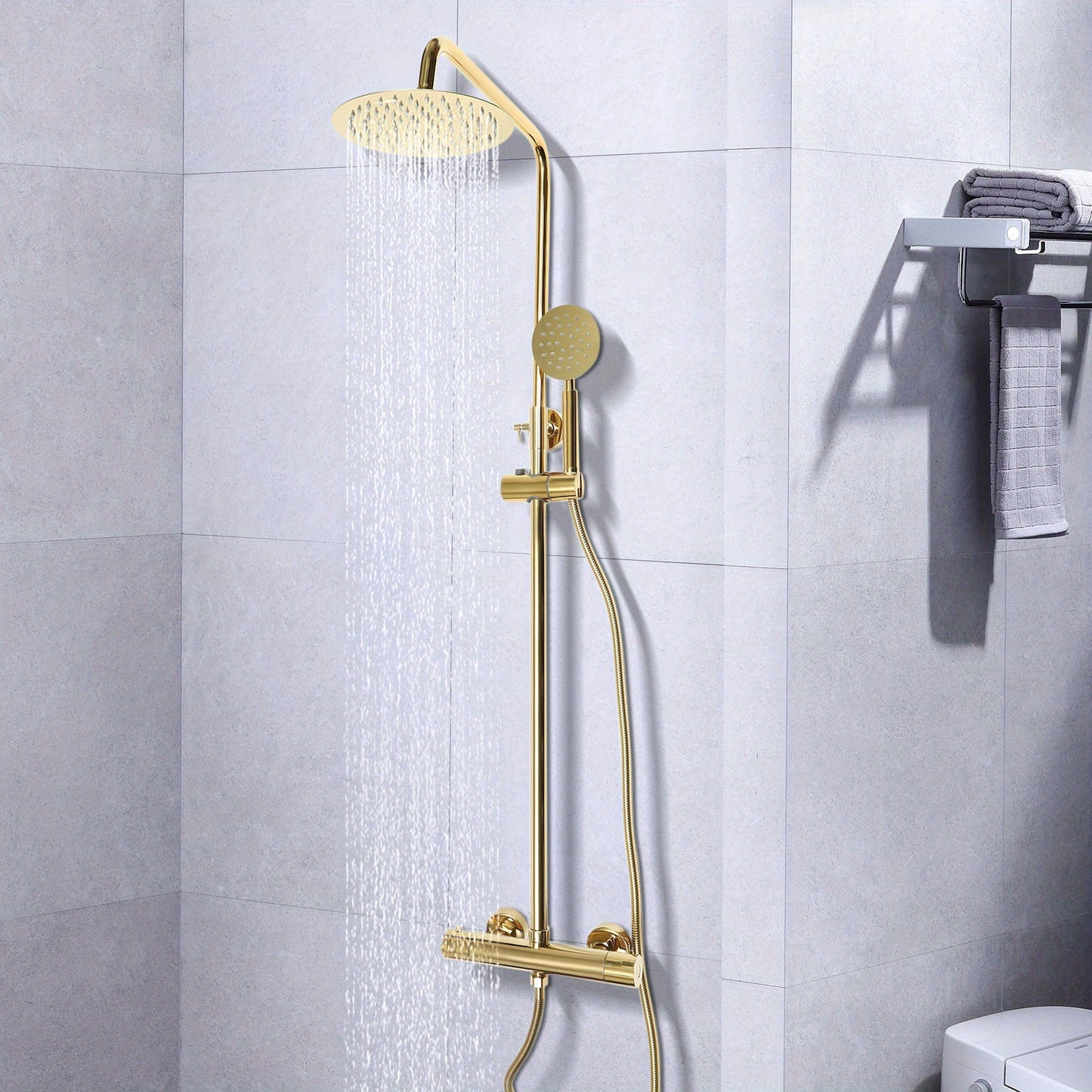 Doucheset – Regendouche – Thermostaatkraan – Handdouche – Glijstang – Gouden Afwerking – 20 cm Hoofddouche – 304 Roestvrij Staal
