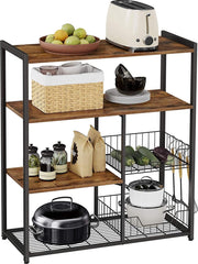 Keukenrek, Staand Rek met 2 Metalen Manden, Bakkersrek met Haken en Planken, Magnetronrek, 80 x 35 x 95 cm, Industrieel Design, Vintage, Donkerbruin, KKS96X