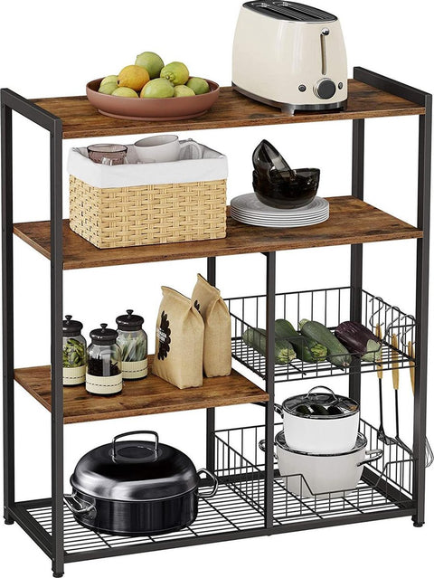 Keukenrek, Staand Rek met 2 Metalen Manden, Bakkersrek met Haken en Planken, Magnetronrek, 80 x 35 x 95 cm, Industrieel Design, Vintage, Donkerbruin, KKS96X