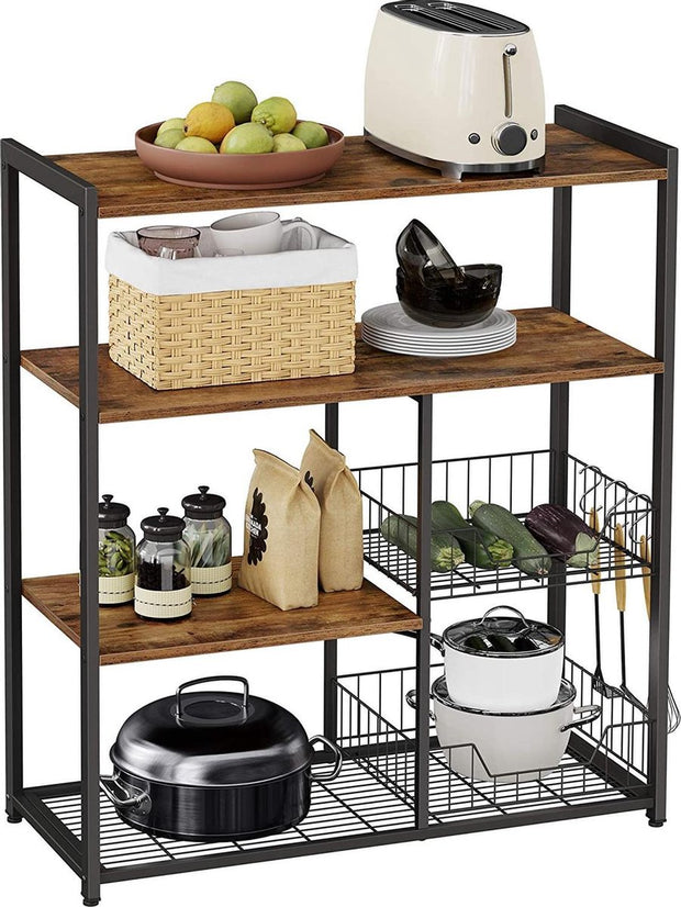 Keukenrek, Staand Rek met 2 Metalen Manden, Bakkersrek met Haken en Planken, Magnetronrek, 80 x 35 x 95 cm, Industrieel Design, Vintage, Donkerbruin, KKS96X