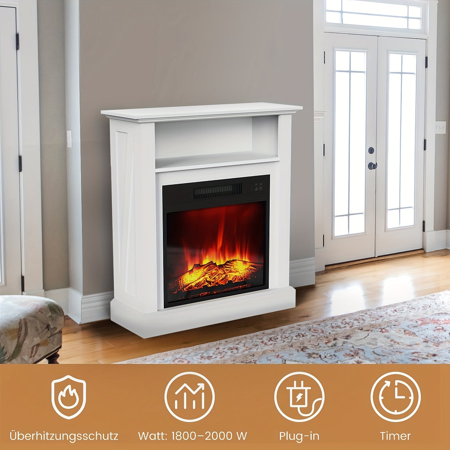 Elektrische Haard – Vrijstaande Haard – Sfeerverwarmer – Vuurtafel – Haardmantel Wit – Realistische 3D Vlammen – Verwarming 2000W Met Timer & Oververhittingsbeveiliging