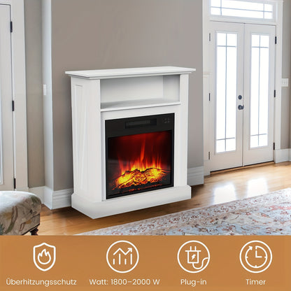 Elektrische Haard – Vrijstaande Haard – Sfeerverwarmer – Vuurtafel – Haardmantel Wit – Realistische 3D Vlammen – Verwarming 2000W Met Timer & Oververhittingsbeveiliging