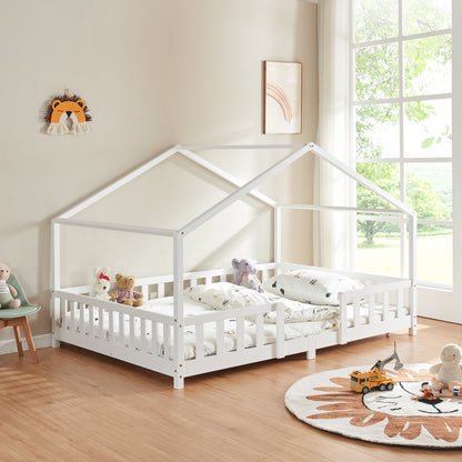 Kinderbed – Kinderbedden – Eenpersoonsbed – Hoogslaper – Stapelbed – Huisvormig Design – Valbeveiliging – Grenenhout – 140x200 cm