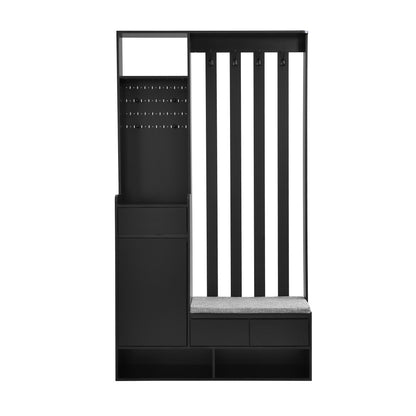 Kapstokkast – Garderobekast – Halmeubel – Schoenenkast – Staande Kapstok – Modern – Multifunctioneel – MDF & Hardhout – Gestoffeerde Opbergbank – 180x100x35 cm – Zwart – 4 Metalen Haken – Opberglades & Planken