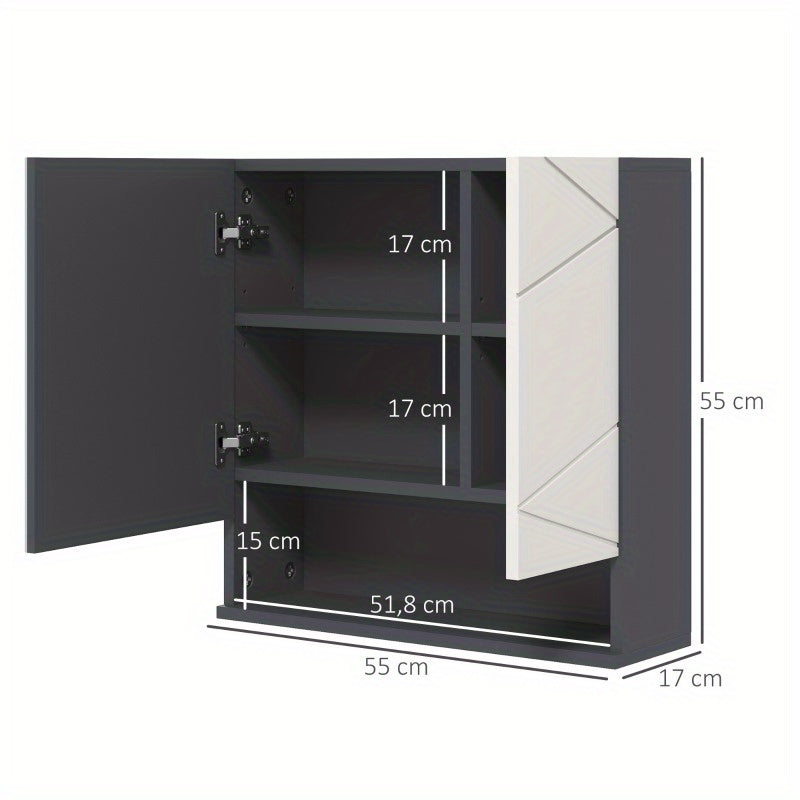 Badkamer Spiegelkast – Spiegelkast Met Opbergruimte – Wandkast Badkamer – Spiegelkast Met Plank – Anti Condens Spiegel – Grijs – 55x17x55 cm – Modern Ruimtebesparend Design