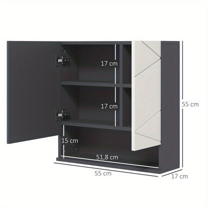 Badkamer Spiegelkast – Spiegelkast Met Opbergruimte – Wandkast Badkamer – Spiegelkast Met Plank – Anti Condens Spiegel – Grijs – 55x17x55 cm – Modern Ruimtebesparend Design