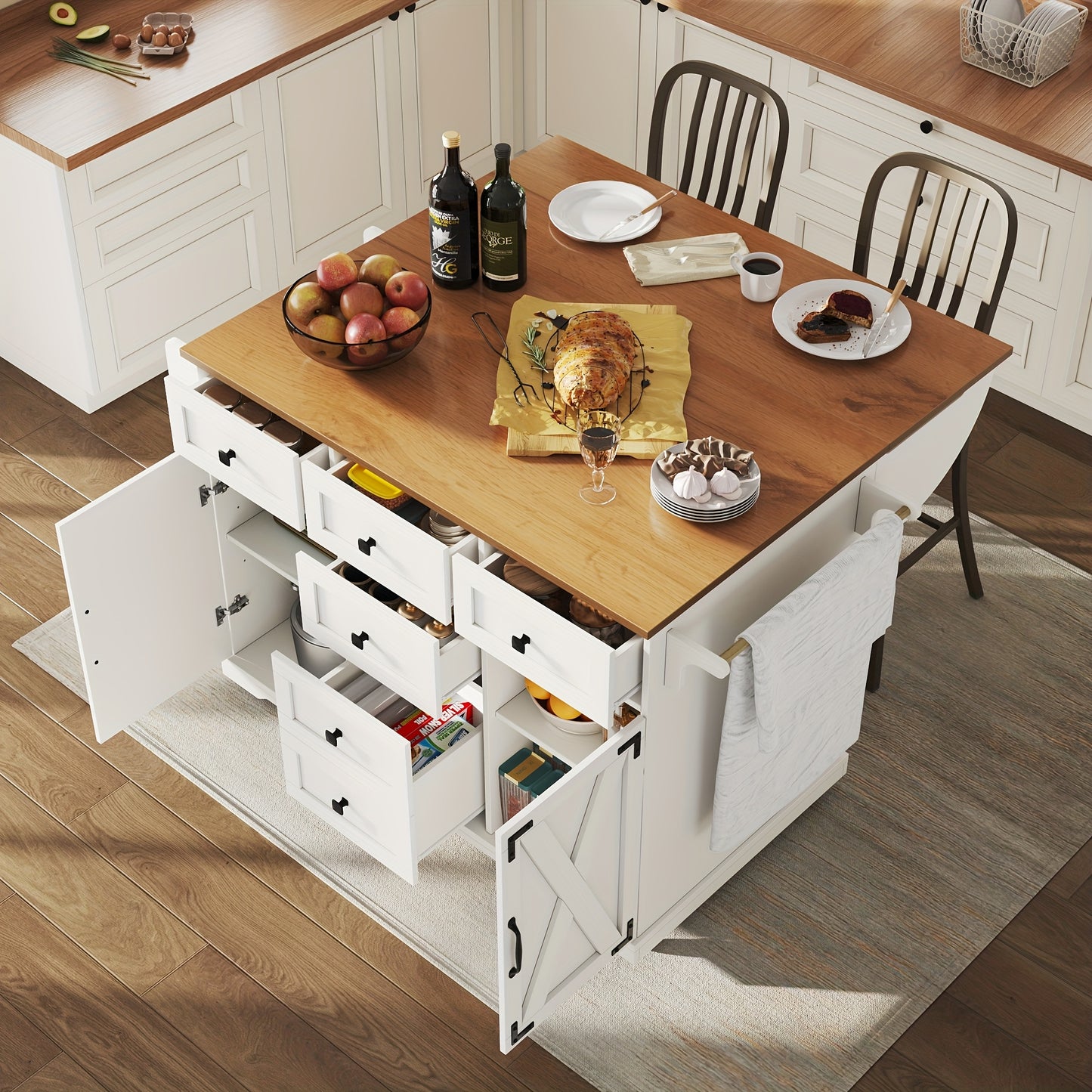 Multifunctional Kitchen Island with Mobile Storage Cabinet & Buffet - & Classic Design, Freestanding Floor Cabinet with Spacious Countertop, Ample Storage Space, No Electrical Required for Dining Room & Living Room, Durable M