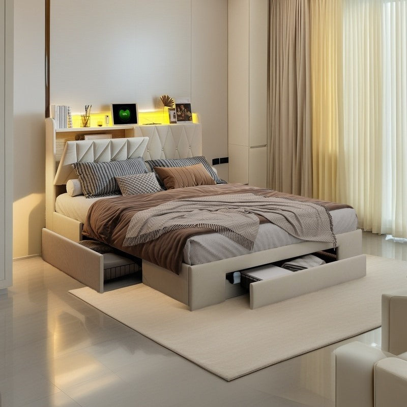 Bed 160 x 200 cm – Ledikant – Boxspring – Opbergbed – Tweepersoonsbed – Met USB-poort – 3 Wisselbare LED-kleuren – Velvet Bekleding