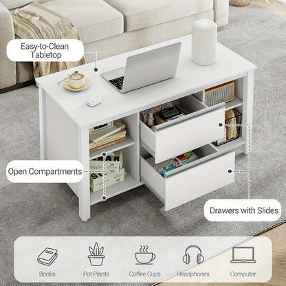 Salontafel – Woonkamertafel – Bijzettafel – Sofa Tafel – Tafel Met Lades – Wit Mat – 100x50x50 cm – Stalen Poten – 2 Lades + 4 Open Vakken