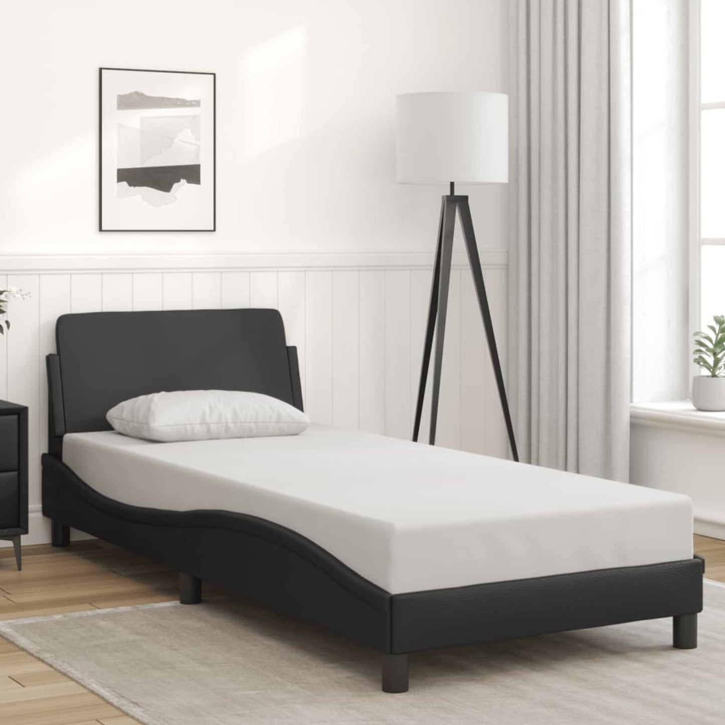 Bed frame with headboard black 90x200 cm faux leather with Slat Support Platform Bed Frame Suitable for Mattress Size 90 x 200 cm (without mattress) for Bedroom
