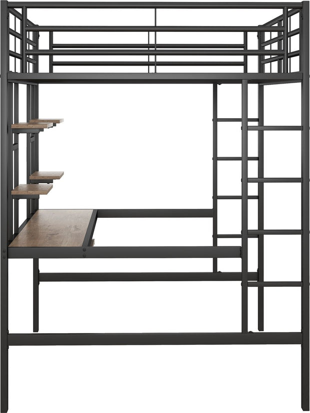 Kinderbed - Zonder Matras - Zonder Stoel - Metalen Bedframe met Bureau en Twee Boekenplanken - Geschikt voor Kinderen - Tieners en Volwassenen - 140x200 cm - Zwart