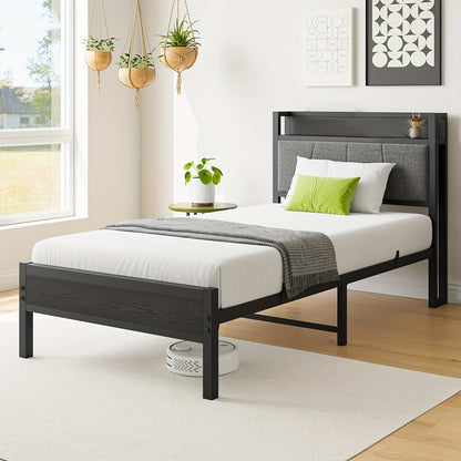 Bedframe – Bedframe Met Hoofdbord – Slaapbank – Bedstee – Ledikant – Metaal En Hout – Fluwelen Bekleding – 90x200 cm – Stevige Lattenbodem