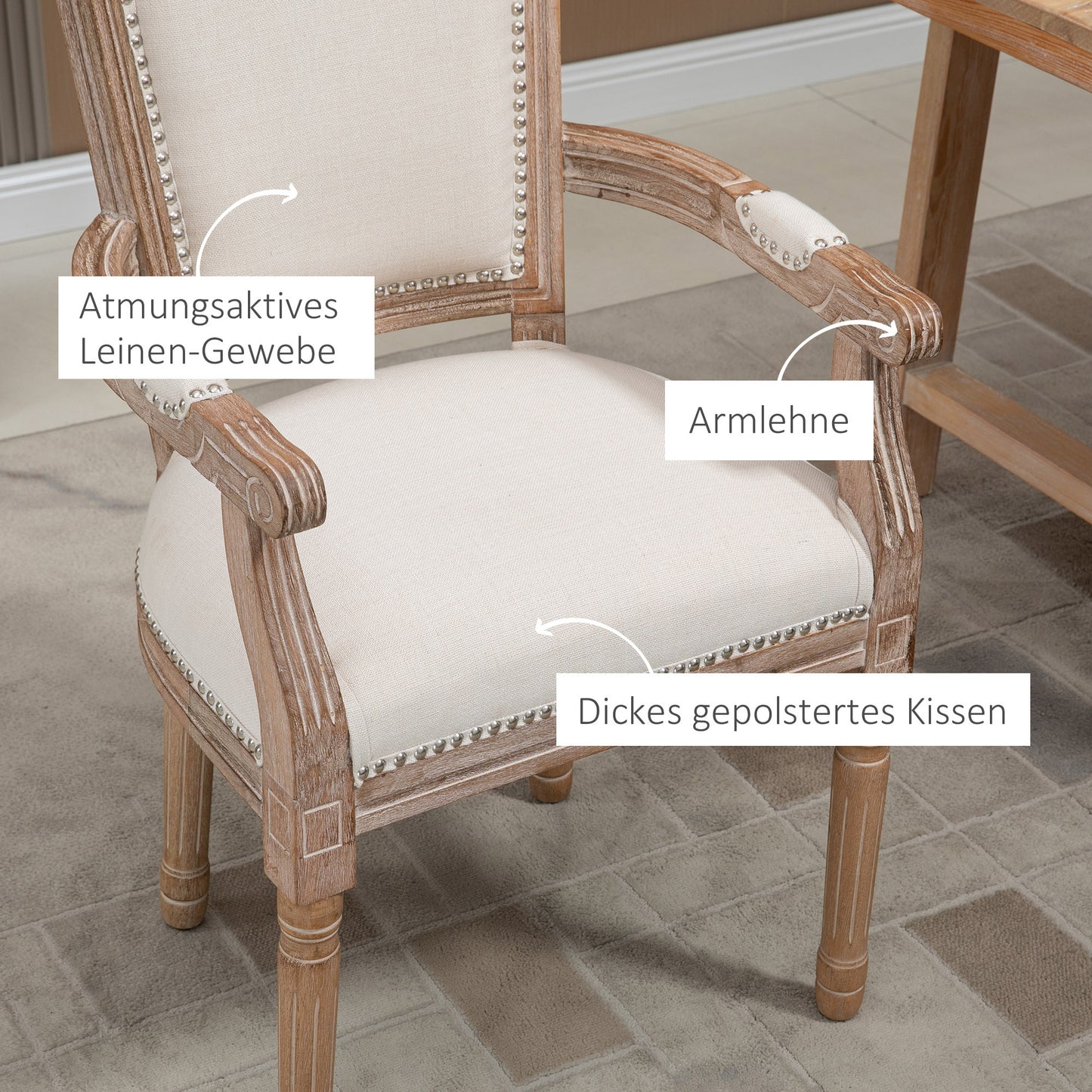 Eetkamerstoel – Keukenstoel – Stoel – Landelijke Stoel – Frans Landhuisstijl – Rubberen Houten Frame – Crèmewit – 59 x 63,5 x 96 cm – Verstelbare Stoelvoeten – Draagvermogen 150 kg