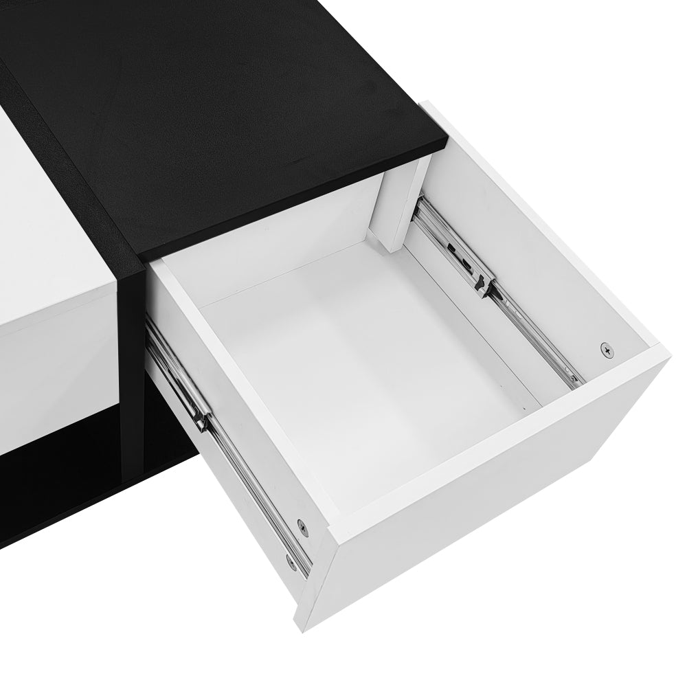 Modern Black and White Coffee Table | 70×70×35.5 cm, Square Living Room Storage Table with 2 Drawers, High Gloss Finish, Smooth Drawer Slides, Metal Construction