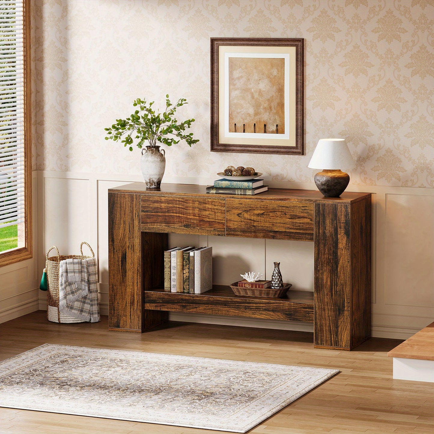 Extra Lange Haltafel – Halmeubel – Sofa Tafel – Sidetable – Wandtafel – 139,95 cm Lang – Verborgen Lades en Open Planken – Stevige MDF Houtlook – Eenvoudig Te Monteren
