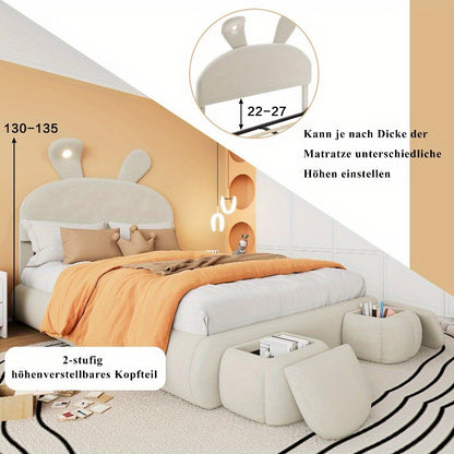 Beige Velvet Opbergbed – Bed Frame Met Opbergruimte – Tweepersoonsbed – Slaapbank – Bed Met Hoofdbord – 140x200 cm – Met Warm Verstelbaar Licht – Inclusief 2 Krukken