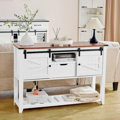 Sidetable – Haltafel – Wandtafel – Consoletafel – Dressoir – Massief Houten Constructie – Rustiek Walnoot Tweekleurig Design – Compacte Opbergruimte met Schuifdeuren en Lade – 117 x 69 x 68 cm