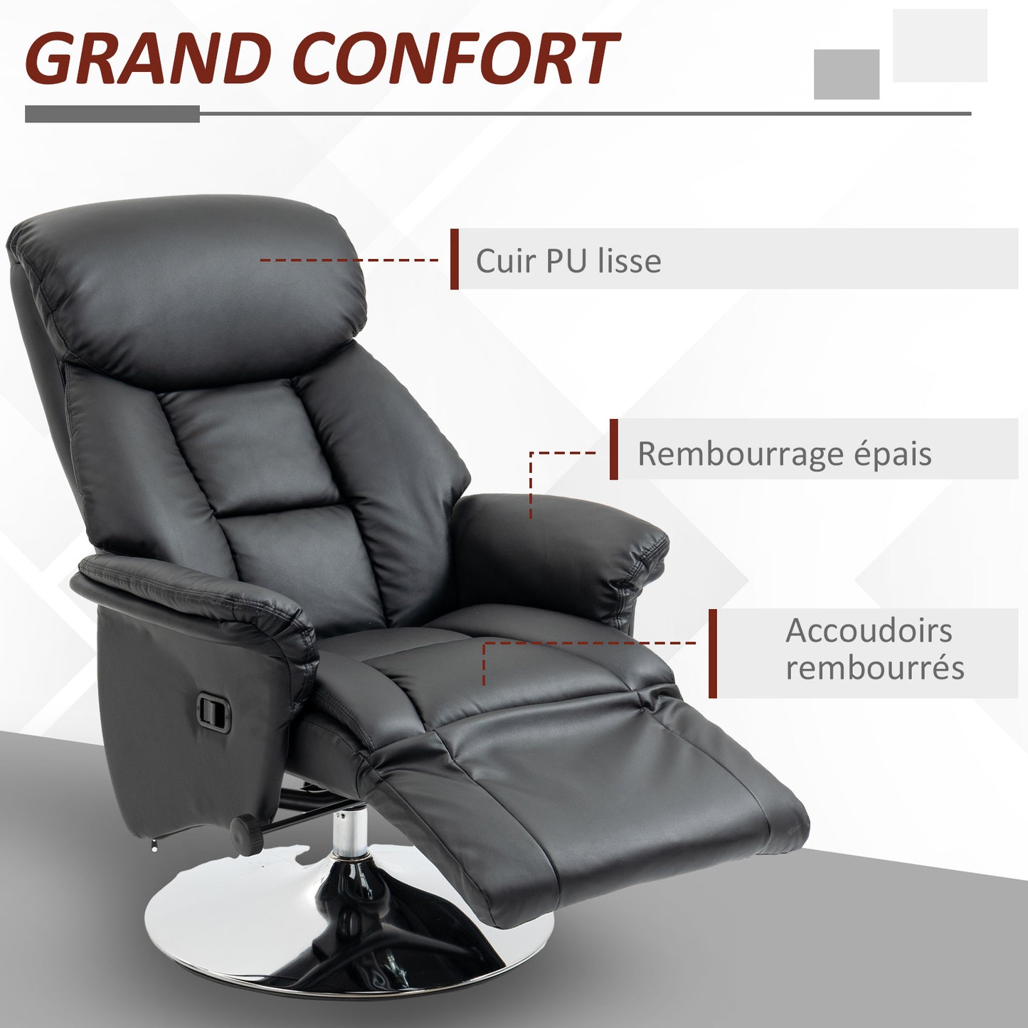 Draaifauteuil – Relaxstoel – Lounge Stoel – Verstelbare Fauteuil – TV Stoel – 360° Draaibaar – Verstelbare Voetensteun – Kunstleer Zwart – Max. 150 kg Belastbaar – Comfortabel Met Hoogwaardige Padding