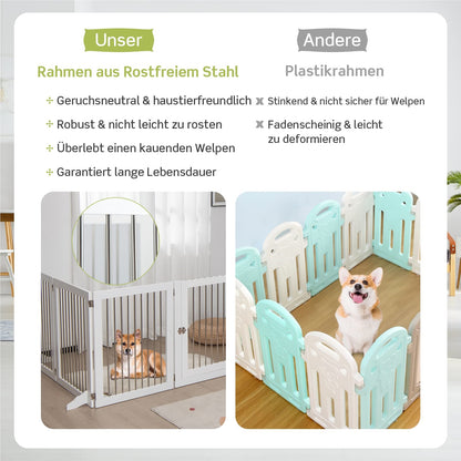 Hondenhek – Hondenren – Puppyhek – Traphekje – Loophekje – Vrijstaand – 6 Panelen Met Deur – 80 cm Hoog – Opvouwbaar – Wit – RVS & Hout – Extra Stevige Steunen