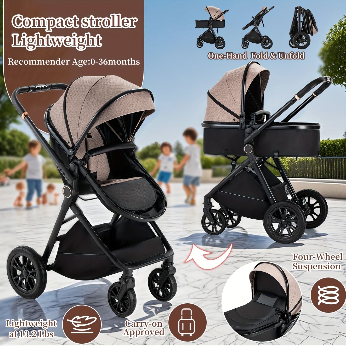 3-in-1 Kinderwagen – Buggy – Combi Stroller – Baby Bed – Wandelwagen – Aluminium Frame – Eén-Klik Inklapbaar – Geschikt Voor Pasgeborenen – Zwart