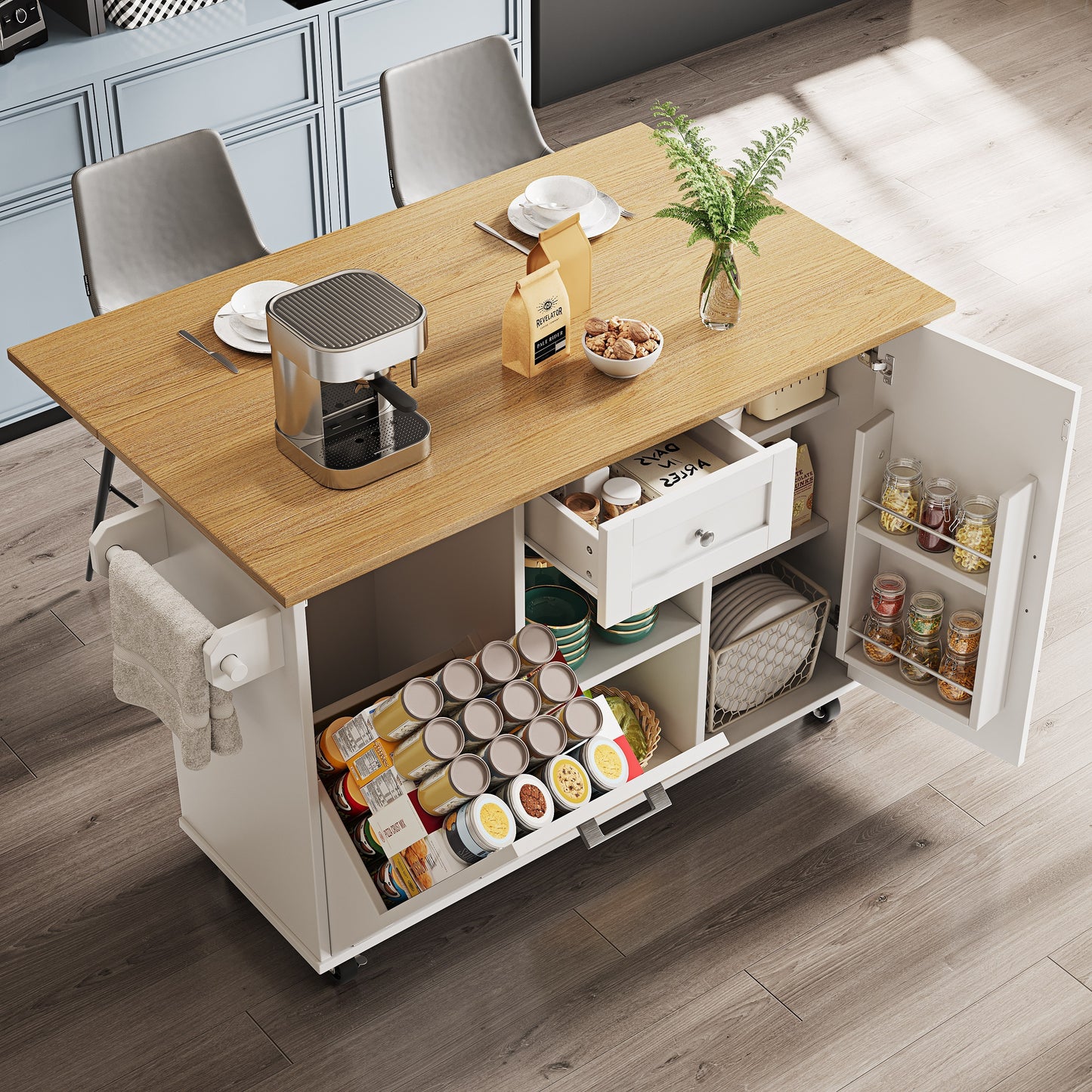Keukeneiland – Keukentrolley – Keukenkast – Buffetkast – Serveerwagen – Inklapbaar Werkblad – Verstelbare Planken – MDF 3D Deuren – Metalen Handgrepen – Wit – 142×40/63×87 cm