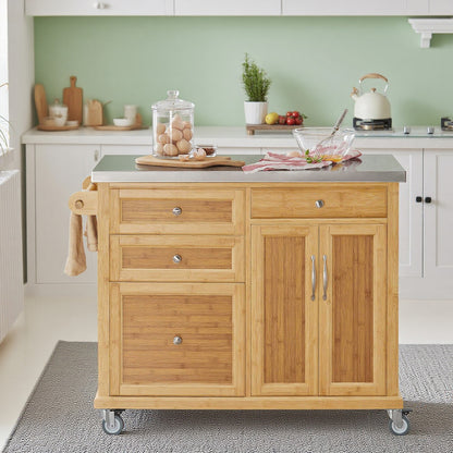 Keukentrolley – Keukenwagen – Serveerwagen – Werkbank op Wielen – Barwagen – Roestvrijstalen Werkblad – Vier Laden – Verstelbare Plank – 115x92x46 cm