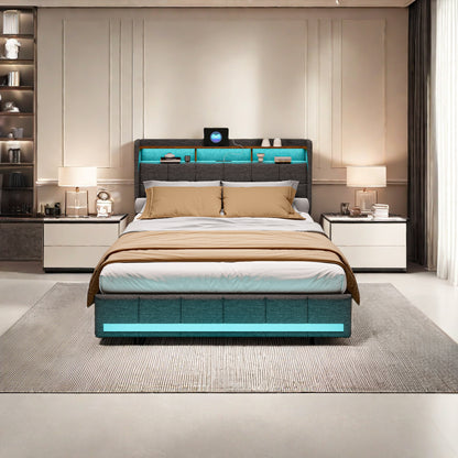 Tweepersoonsbed – Bedframe – Opbergbed – Led-Bed – Linnen Bed – Met 4 Lades – USB Opladen – 160x200 cm – Grijs
