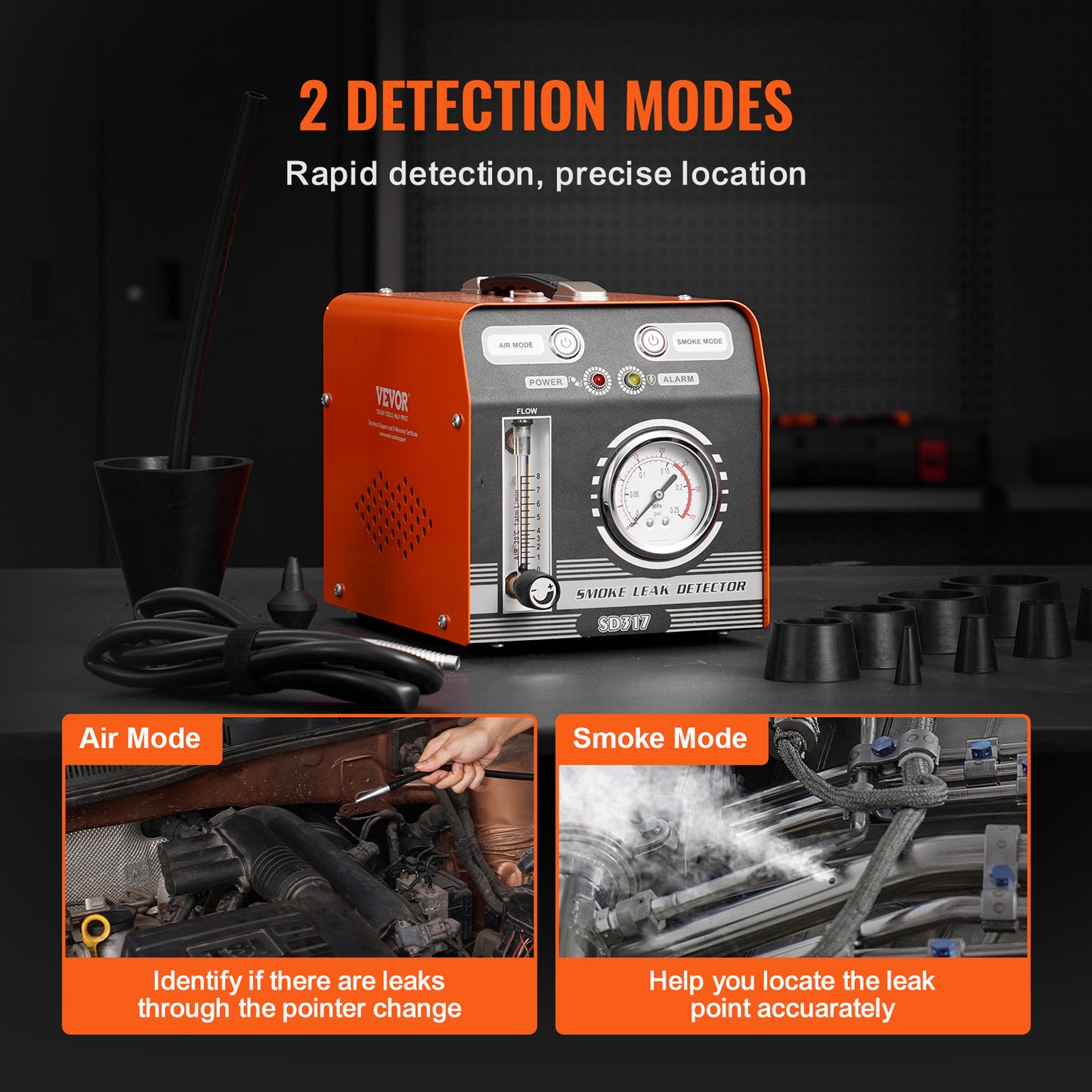 Rookmachine Auto – Lekdetector – Lekkagetester – Smoke Leak Detector – Rookgenerator Voertuig – Ingebouwde Luchtpomp 8L/min – Digitale Drukmeter & Flowmeter – Oranje Zwart