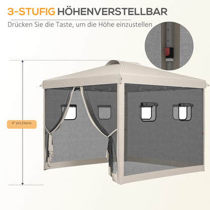 Inklapbaar Tuinpaviljoen – Vouwtent – Tuinkraam – Overkapping – Partytent – Hoogte Verstelbaar – Met Muskietennet – 3x3 Meter Beige