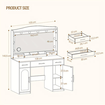 Kaptafel – Make-up tafel – Schminktisch – Dressing Table – Toilettafel – Met HD Spiegel – 3 Kleuren LED Verlichting – 5 Lades & 2 Opbergkasten – Wit – 40x108x149 cm
