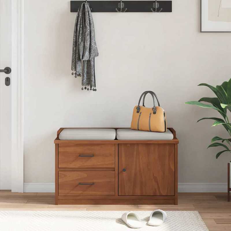 Modern Solid Pine Hallway Bench with Storage - 87x40x50cm, Two Drawers & Open Compartment, Ideal for Shoe Rack or Living Room Organizer, Natural Wood Finish, Display Storage | Contemporary Design | Solid Pine Wood