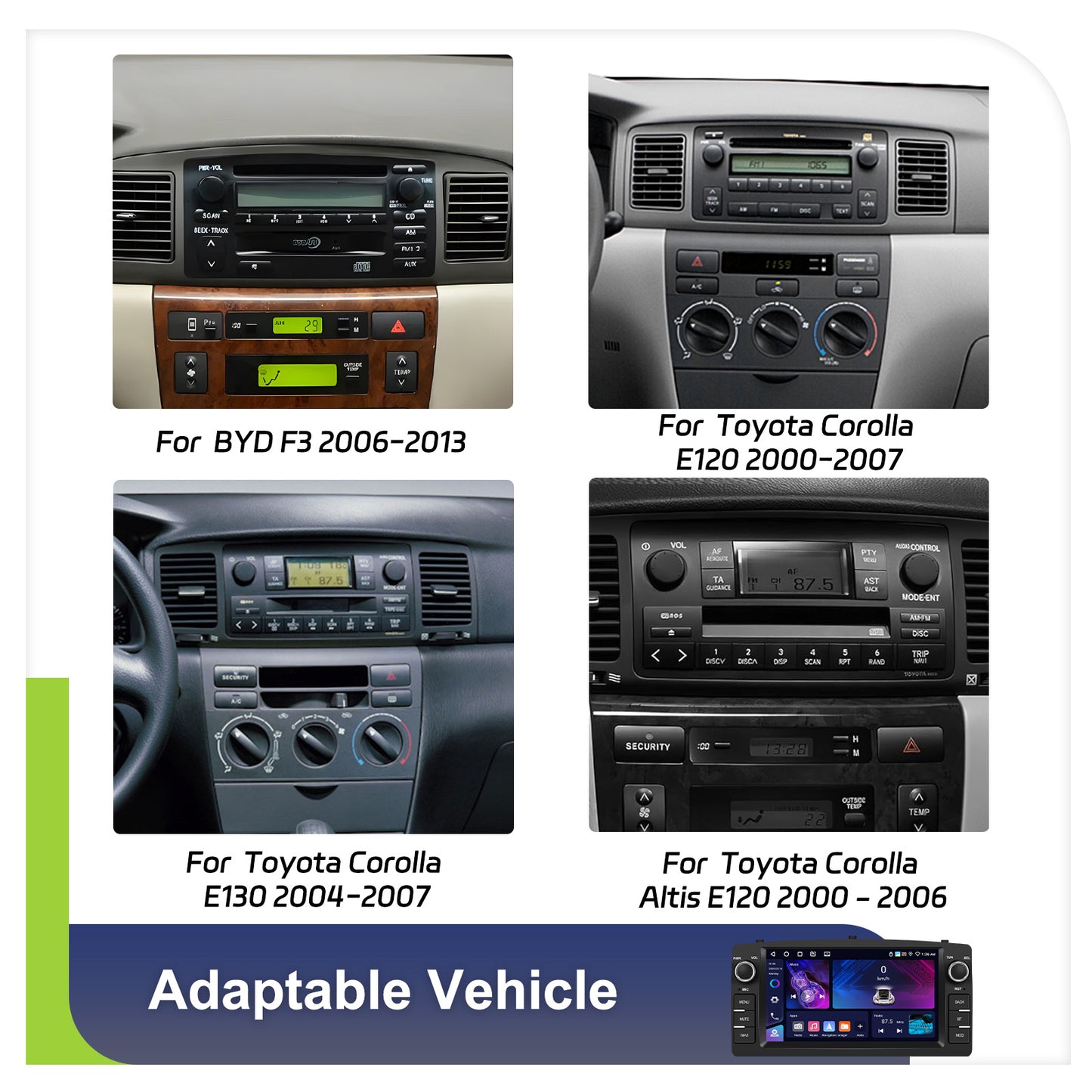 Autoradio Android 15 – 7 Inch Touchscreen – Car Multimedia Systeem – GPS Navigatie – Draadloze CarPlay & Android Auto – 4GB RAM + 64GB Opslag – AI DSP Geluidsoptimalisatie – Compatibel Toyota Corolla E120/E130 2000-2008