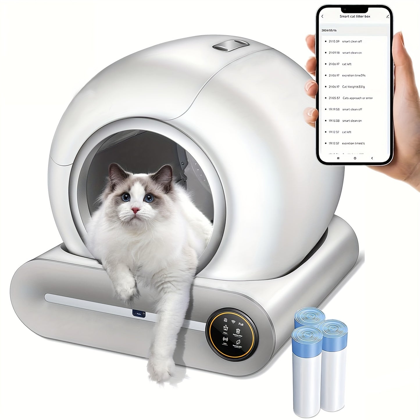 Automatische Kattenbak – Zelfreinigende Bak – Slimme Kattenbak – Kattenbak Voor Meerdere Katten – Witte Kattenbak – 65L + 9L Capaciteit – Negatieve Ion Luchtzuivering – App-Controle En Monitoring