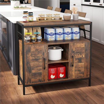 Houten Dressoir – Sideboard – Keukenkast – Buffetkast – Opbergkast – Industrieel – Verstelbare Planken – Inclusief 3 Haken – Bruin Zwart