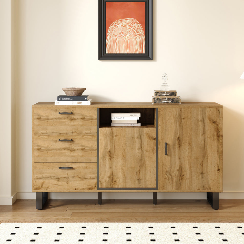 Bestekkast – Opbergkast – Ladekast – Dressoir – Commode – Multifunctioneel Design – Hardhouten & Spaanplaat Constructie – Open Vakjes – Vrijstaande Metalen Poten