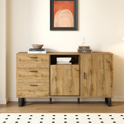 Bestekkast – Opbergkast – Ladekast – Dressoir – Commode – Multifunctioneel Design – Hardhouten & Spaanplaat Constructie – Open Vakjes – Vrijstaande Metalen Poten