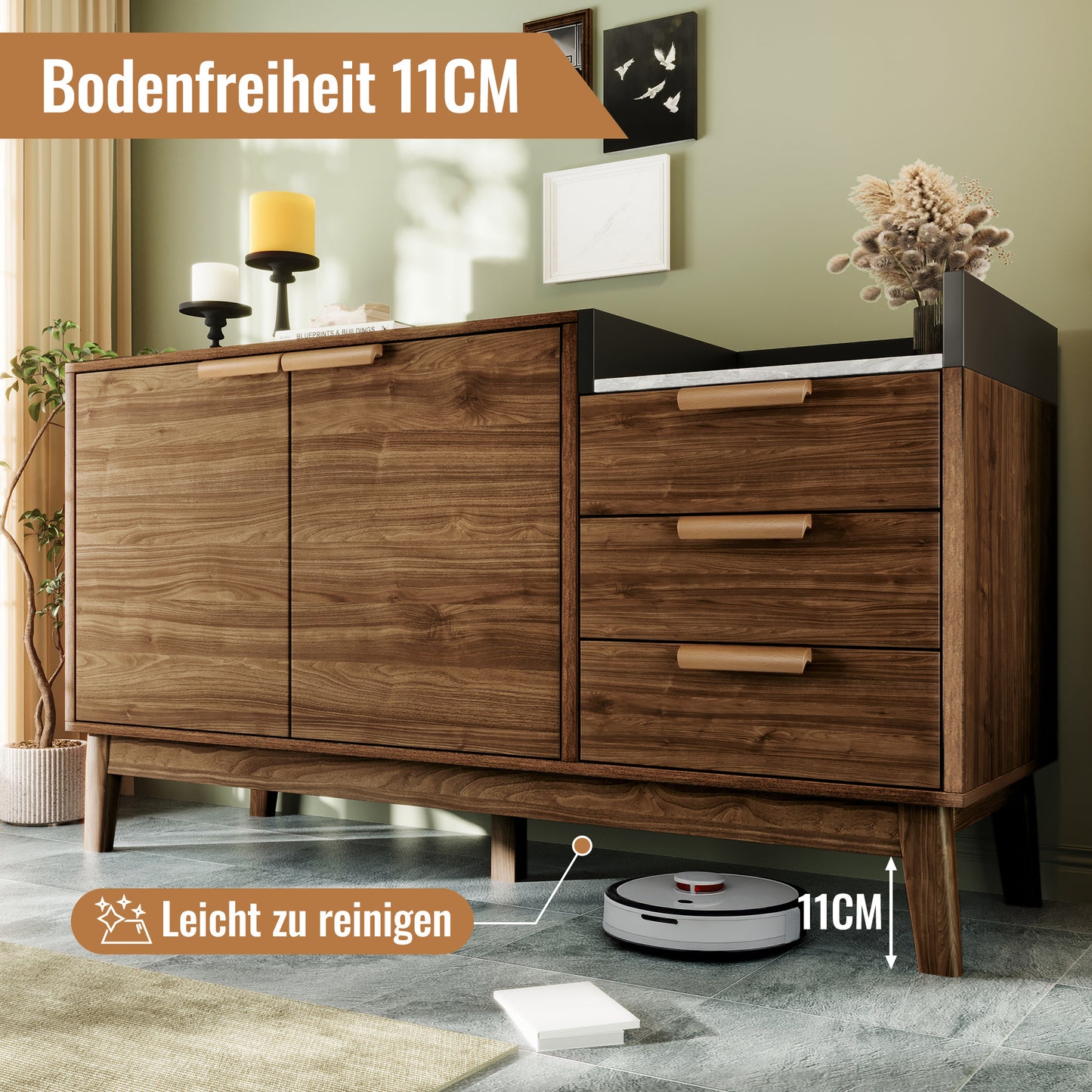 Dressoir – Sideboard – Buffetkast – Opbergkast – Kast – Eikenhout Met Marmerlook – Verstelbare Planken – 11 cm Hoogte Voor Robotstofzuiger