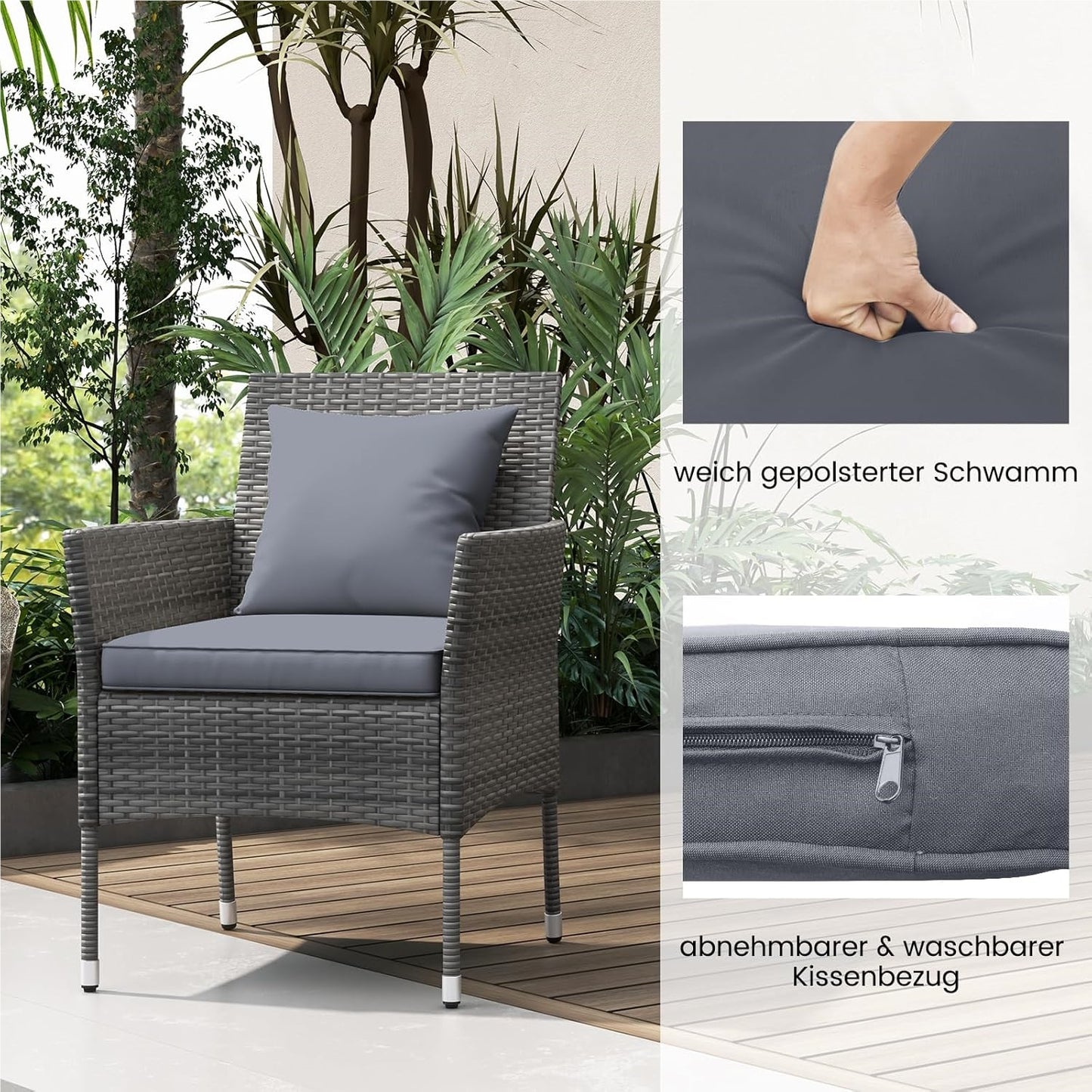 Tuinmeubelset – Tuinset – Tuinlounge – Balkonset – Loungeset – Poly Rattan – Glazen Tafel – Inclusief Kussens – Weerbestendig – Compact Design