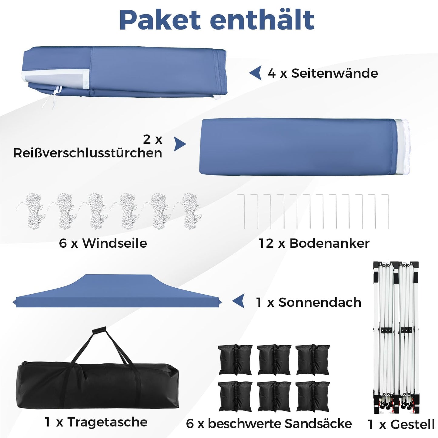 Paviljoen – Tuinpaviljoen – Partytent – Tenten – Overkapping – 3 x 6 Meter – Waterdicht Met UV Bescherming 50+ – Met 6 Zijwanden en Zandzakken – Blauw