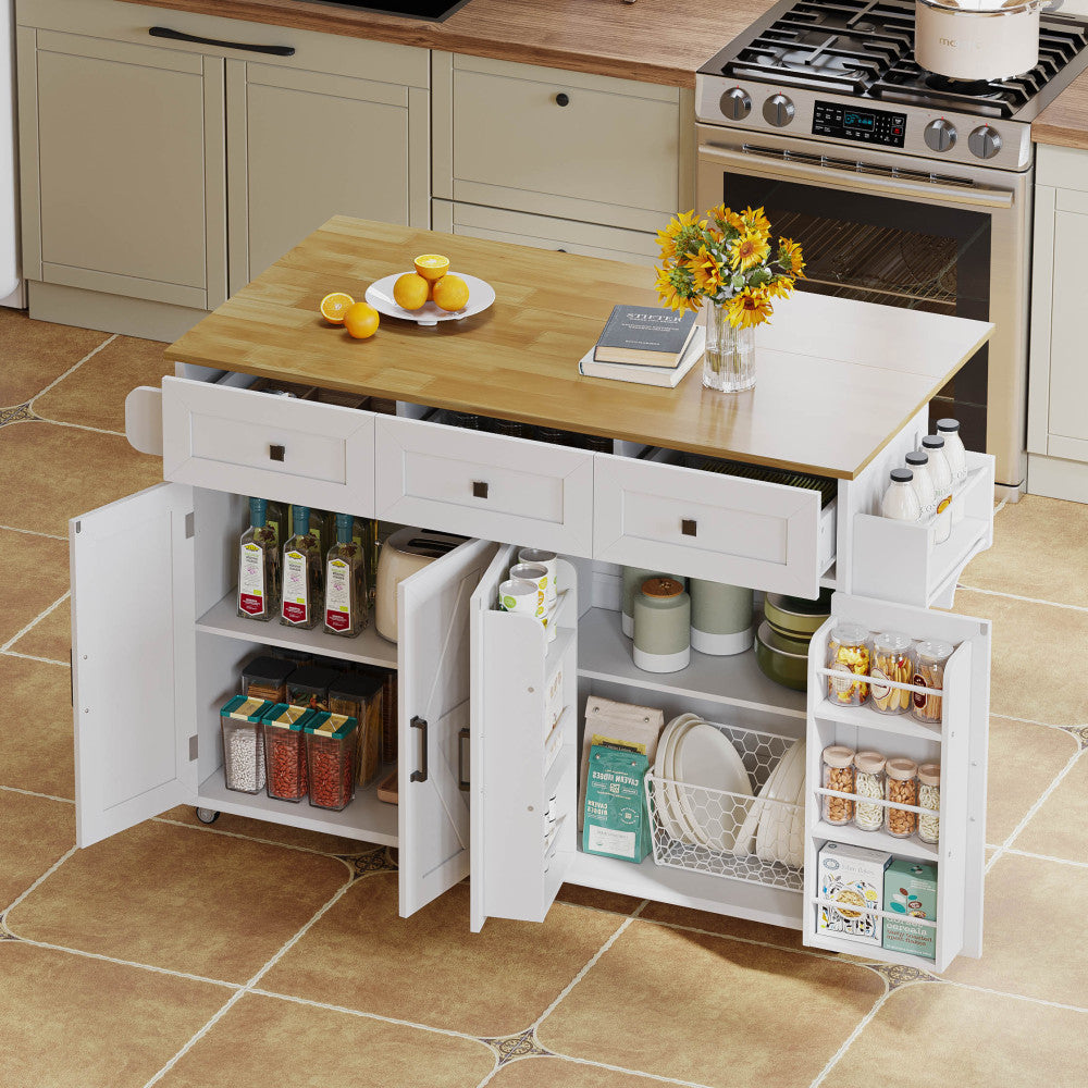 Large Mobile Kitchen Island with Fold-Down Worktop - Heavy-Duty Metal Construction, Lockable Casters, Barn-Style White Finish, 4 Doors, 3 Drawers, Double-Sided Towel Rails & Door Racks - Space-Saving Storage Cabinet for Kitch