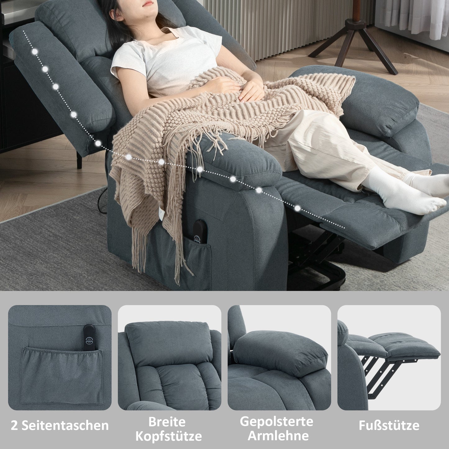 Relaxfauteuil – Relaxstoel – Relaxzetel – Loungefauteuil – Comfortfauteuil – Grijs – Zachte Bekleding – Verstelbare Rugleuning en Voetensteun met Afstandsbediening